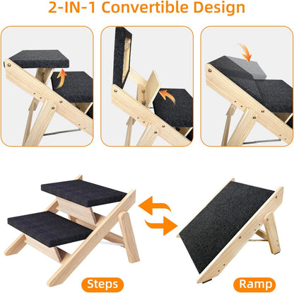 Dog Stairs/Ramp for Bed, Wooden Convertible Pet Steps, Portable Dog Ladder Up to 180 Pound for Elderly/Short-Legged Dogs, 2 Steps for Beds, Couch, Cars