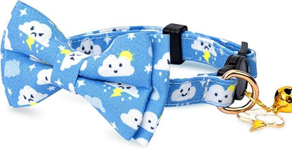 2 Pack Cotton Cat Collar with Bow Tie and Bell for Girl Boy Cats,Cute Purple Moon and Blue Cloud Pattern Spring Summer Breakaway Cat Collar for Male Female Cats(Moon&Cloud)