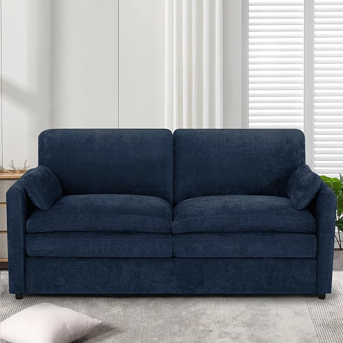69" Chenille Modern Couch with Cozy & Soft Backrests, 2 Seats Sofa with 2 Extra Pillows, Comfy Upholstered Sofa with Thicker Cushions for Living Room, Office, Blue