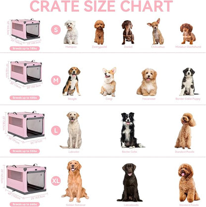 PETSFIT 30" Soft Portable Dog Crate – Patented Spiral Sturdy Frame, Collapsible Travel Kennel for Medium Dogs, 3 Mesh Door, Lockable Zippers, Indoor & Car Use Pink