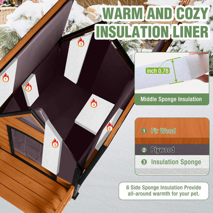 Large Dog House Outdoor Insulated Weatherproof Dog Kennel with Insulated Liner, Dog Shelter for Large Breed with Anti-Chewing Iron Fram and Porch (Brown, 50.9" D x 37.4" W x 37.2" H)