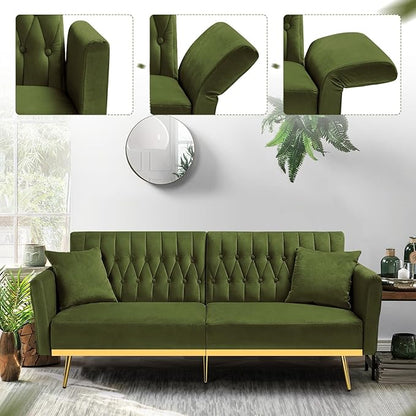 70” Velvet Futon Sofa Bed w/Adjustable Armrests & 2 Pillows, Convertible Futon Couch w/Adjustable Backrests, Modern Sleeper Bed for Living Room, Bedroom, Olive Green