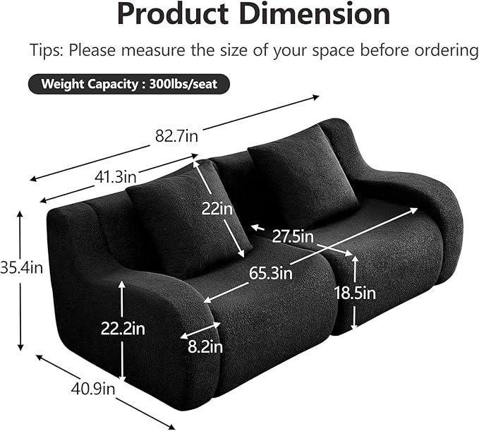 Black Cloud Couch Loveseat, Modern Teddy Fabric Boneless Sectional Sofa in a Box for Living Room, Modular Floor Couch, No Assembly Required, Sofas para Sala