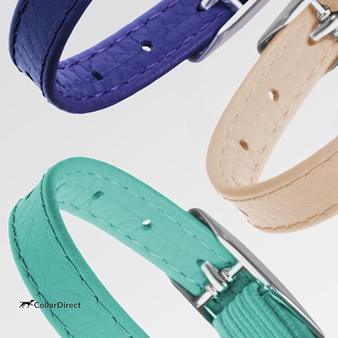 CollarDirect Leather Cat Collar, Kitten Collar with Removable Bell Black Blue Red Orange Lime Green (6-7 Inch, Beige)