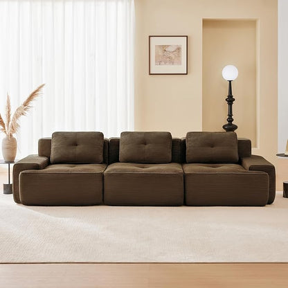 115" Modern Corduroy Cloud Sofa, Boneless Modular Large Sectional Couches for Living Room, Brown 3 Seater Compressed Memory Foam Couch, Extra Deep Seat, No Assembly