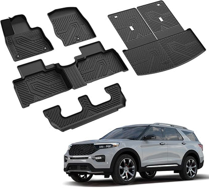 LASFIT Floor Mats & Cargo with Backrest Mat for Ford Explorer 7 Seats 2020-2025 2026 7 Passenger(Not Fit 6 Seats), Custom Fit All Weather Protector TPE Easy Clean Floor Liners, 5pcs Full Set Black