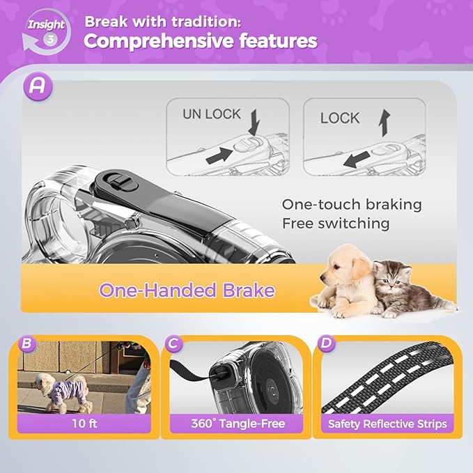 10ft Retractable Dog Leash for Small Dogs, Puppies, and Cats, 360° Tangle-Free, One-Handed Brake, Applicable to Pets of Small Size