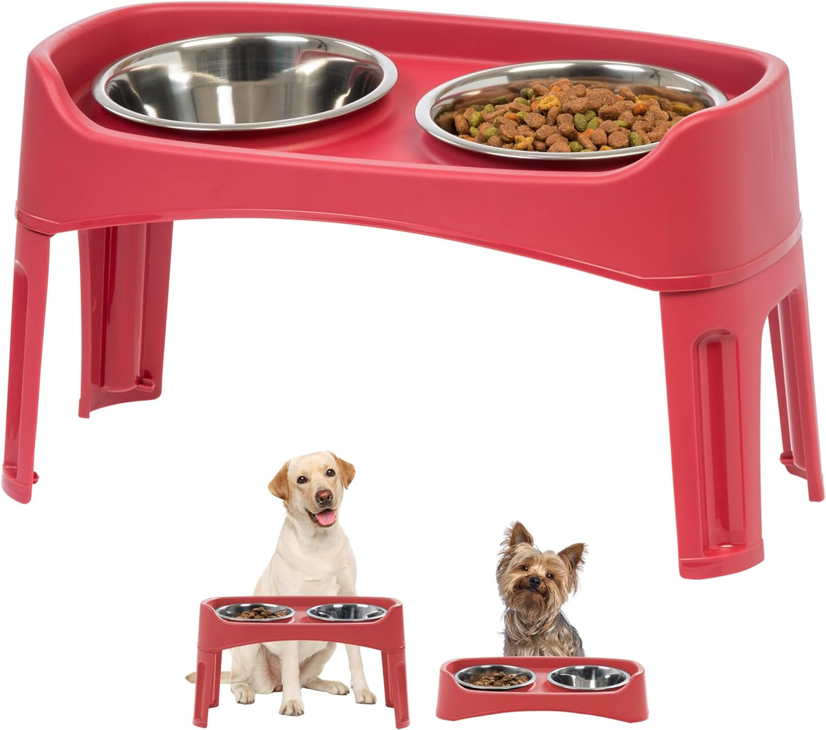 IRIS USA Elevated Dog Bowls, Adjustable Height, 2 Thick 64 oz Stainless Steel Bowls, Spill-Proof with Raised Outer Rim, Durable Made in USA Plastic, Easy Assemble, 2 Heights 4.63" or 12.25" Red
