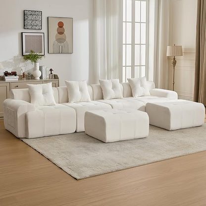 YAAREE 129.23”Modular Sectional Couch for Living Room, Modren L-Shape Cloud Sectional 4-Seater Sofa with 2 Movable Ottomans, Woven Texture Upholstery Boneless Couch, No Assembly, Beige