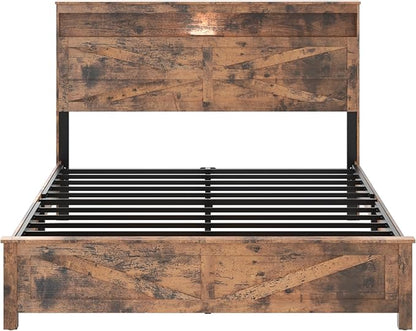 Farmhouse Wooden Bed Frame Queen Size with Storage Headboard, Boho Platform Bedframe with LED Lights and Charging Station, Metal Slats Support, No Box Spring Needed, Brown