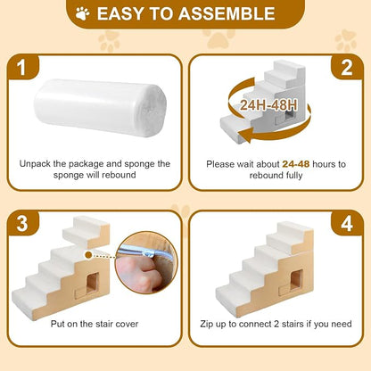 Dog Stairs for Small Dogs 27”H, 6-Step Dog Steps for High Bed, High-Density Foam Pet Stairs with Non-Slip Removable Washable Cover to Get on Bed(Beige)