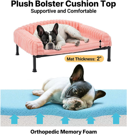 Veehoo Elevated Dog Bed with Bolster Cushion, Fluffy Plush Dog Couch Beds for Small Dogs, Cats, Washable Raised Pet Cot with Non-Slip Feet for Indoor or Patios Use, 36 x 28 Inches, Pink