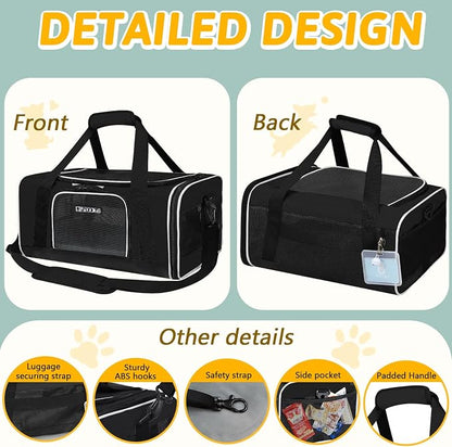 Small Pet Carrier 18" L x 13" W x 9.5" H Airline Approved, Black | for Southwest Airlines, Lockable Safety Zippers and Anti-Scratch Mesh, Pets Under 10 lbs