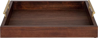 Kate and Laurel Lipton Decorative Wooden Tray with Metal Gold Handles, 16.5" x 12.25", Dark Walnut Brown and Gold