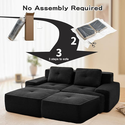 80" Modern Corduroy Boneless Love Seat Couches with 2 Ottomans, 2 Seater Large Sectional Couches for Living Room, Black Cloud Modular Sectional Sofa, Memory Foam, Extra Deep Loveseat, No Assembly