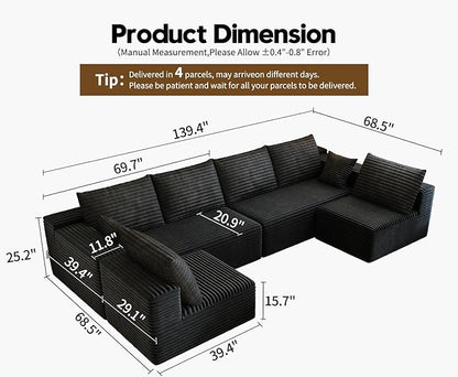 139.4" Modular Sectional Sofa, U-Shaped Minimalist Couches with 2 Middle Seats, Modern Deep Seat Convertible Sleeper Sofa Bed,Cloud Plush Corduroy Fabric, No Assembly Required, 6 Seater, Black