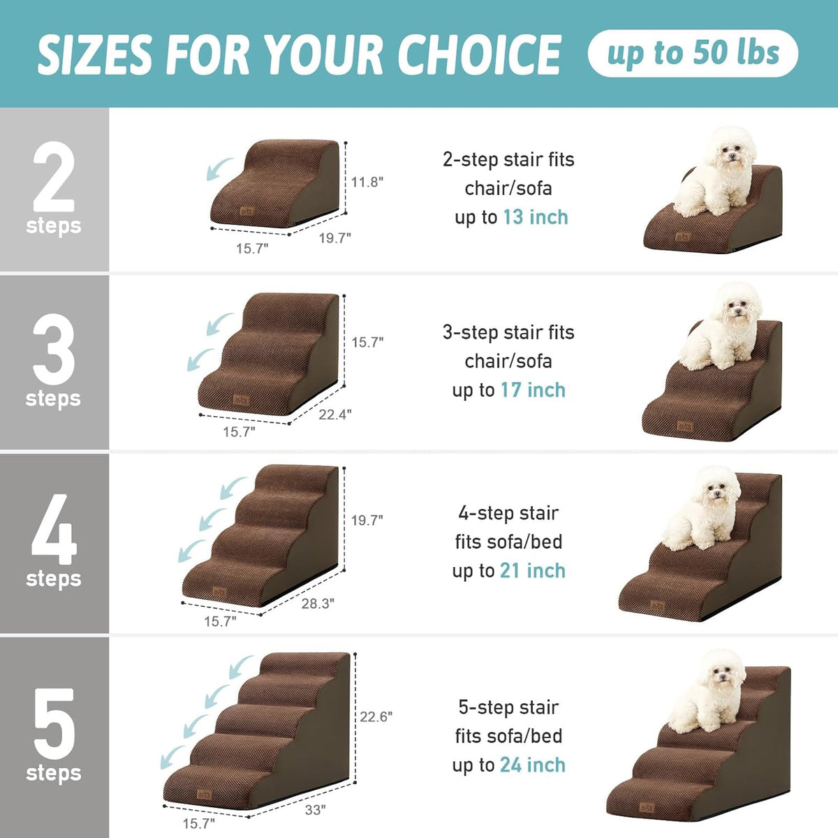 Dog Stairs for Small Dogs 15.7" H, Curved Dog Step for Puppy, Older Cat, Medium Pet Ramp for Sofa, Couch or Chair, Ladder with High Density Foam, 15.7x22.4x15.7 inch, 3 Step, Brown
