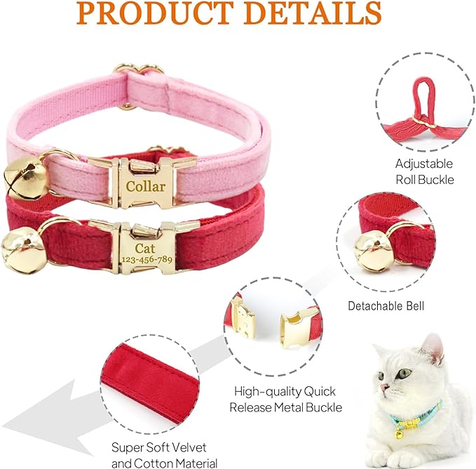 Personalized Cat Collars with Bells Custom Cat Collar with Name Tag Cute Soft Small Cat Collar for Boy and Girl Cats Kitten (Water Pink)