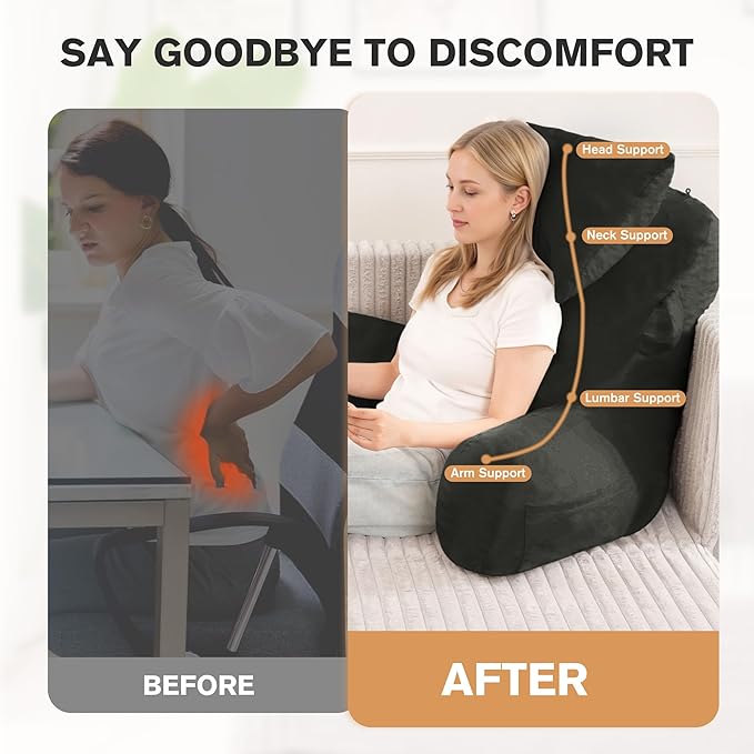 Unisakey Portable Reading Pillows with Headrest for Bed Sitting Up(Grey Oeko-Tex), Velvet Back Pillow with Arms & Pockets for Adults, Support Memory Foam Bed Pillow for Dorm/Reading/Watching/Gaming