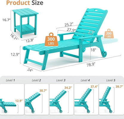 LUE BONA Chaise Lounge Chairs Set with Table, 3-Piece, 79'' Oversized HDPS Chaise Lounger, 5 Positions Adjustable Lounge Chairs, Pool Lounge Chair with Wheels for Poolside, 3 Year Warranty, Aruba Blue