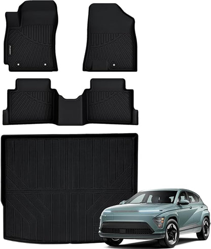 Floor Mats for 2024 2025 2026 Hyundai KONA (Only Fit Fuel) & Cargo Mat, TPE All Weather Protection Car Full Set Floor Liners & Trunk Mat Accessories