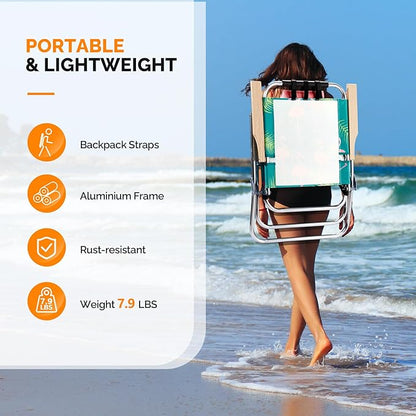 VINGLI Aluminum 17" Backpack Beach Chair – Tall Beach Chairs for Adults, Portable with Adjustable Straps, 3-Position Reclining, Cup Holder, High Lightweight Beach Chairs for Beach