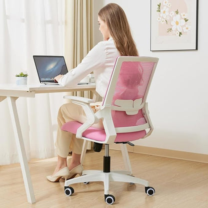Msdizuo Ergonomic Office Chair Desk Chair with Adjustable Height Mesh Computer Chair Swivel Chair with Flip-up Arms and Lumbar Support Pink