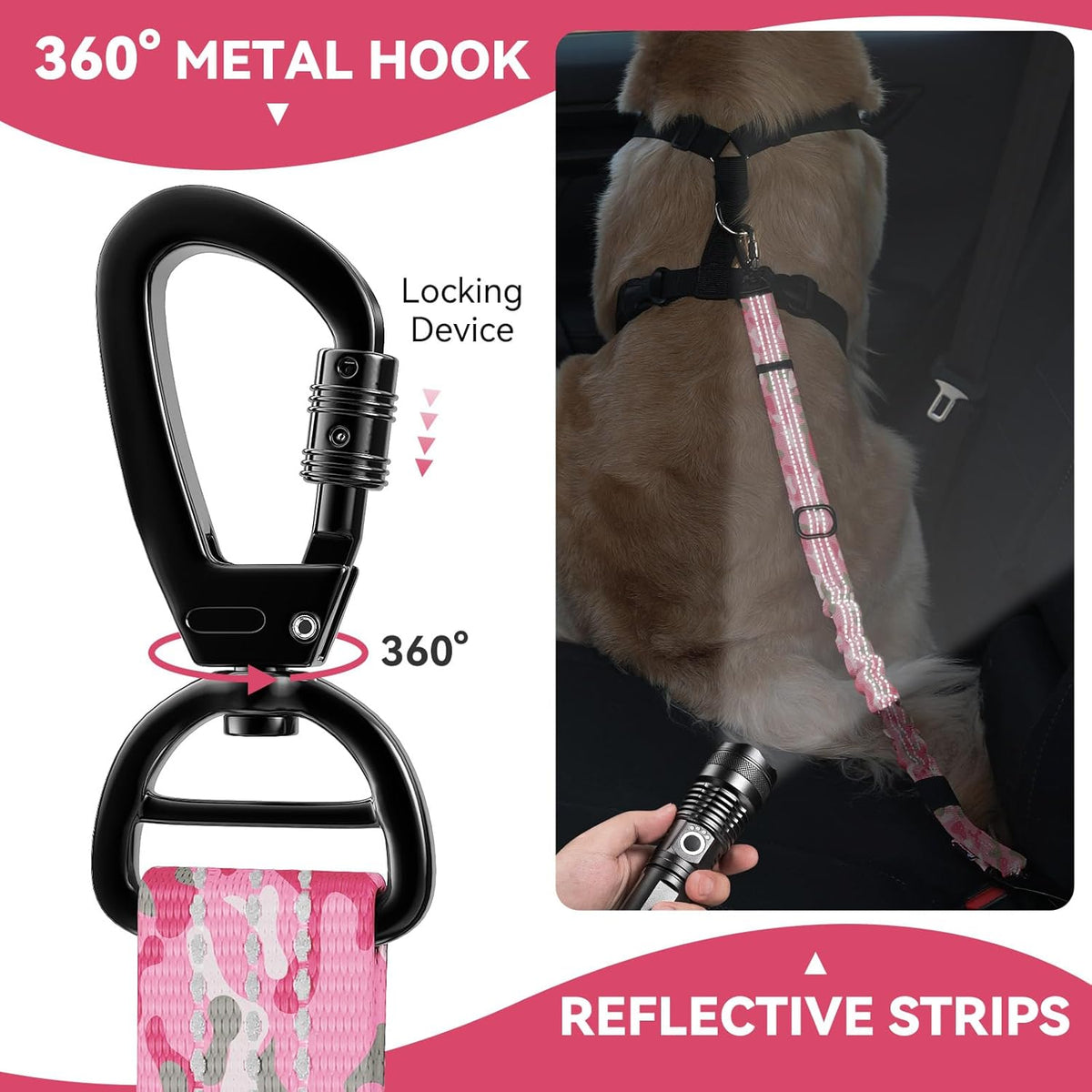 Pawaboo 2Pack Dog Seatbelt for Car, Dog Car Seat Belt Bungee, Dogs Tether for Cars with Buckle & Hook Latch, Adjustable Reflective Dogs Cars Harness Leash with 360° Lockable Buckle, Pink Camouflage