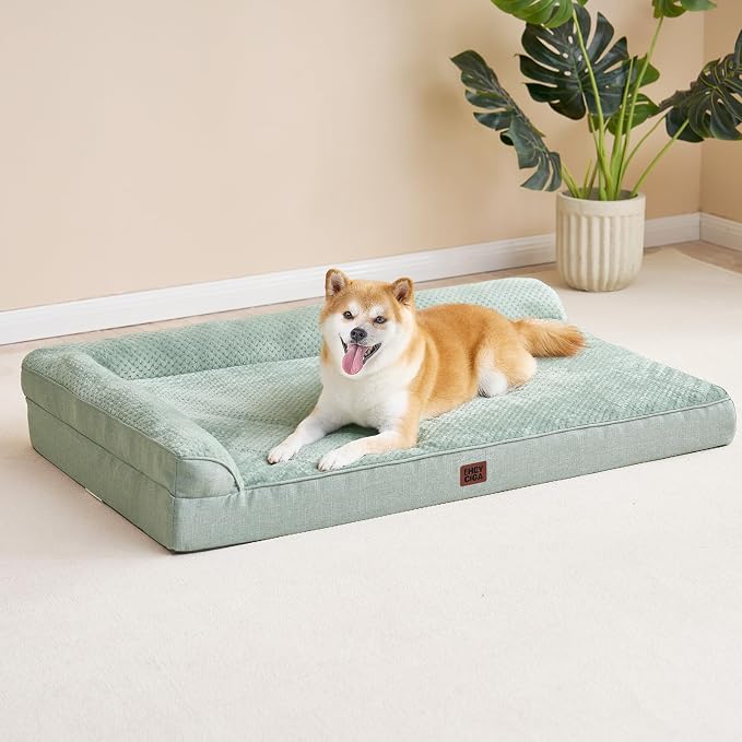 EHEYCIGA Large Dog Bed Memory Foam for Crate, Orthopedic Dog Bed Large Size Dogs with Washable Removable Cover, Waterproof Pet Sofa Couch with Nonskid Bottom, 35x22x6, Greyish Green | Small Dog Sofa with Washable Removable Cover, Waterproof Pet Couch f...