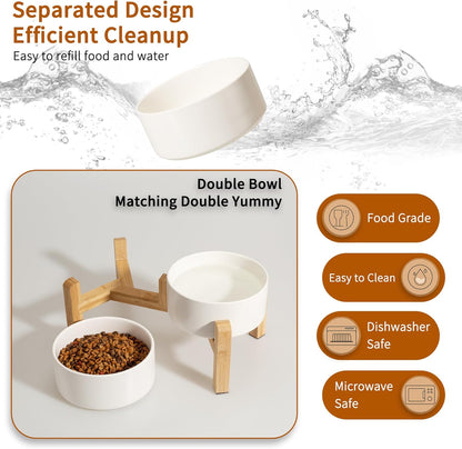Elevated Ceramic Dog Bowl Set - Raised Dog Bowls with Non-Slip Bamboo Stand - Dog Food and Water Bowl Set - Double Dog Feeding Bowls - Suitable for Small and Medium Dogs - 28.74 OZ - 3.6 CUPS - 850 ML
