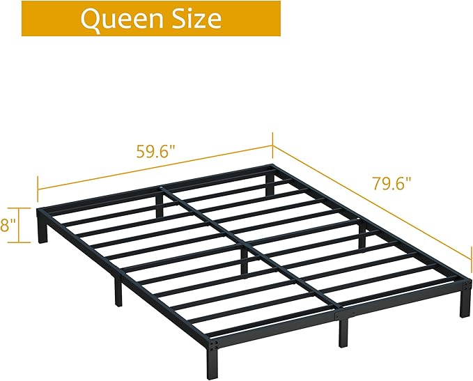 8 Inch Bed Frame Queen Size No Box Spring Needed, Heavy Duty Queen Platform Metal Bed Frame Support Up to 3000 lbs, Easy Assembly, Noise Free, Black