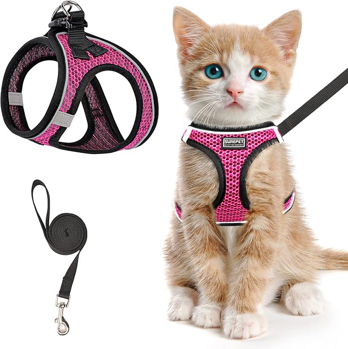 Cat Harness and Leash for Walking Escape Proof, Adjustable Kitten Vest Harness Reflective Soft Mesh Puppy Harness for Outdoor, Comfort Fit, Easy to Control (Pink, XXS)