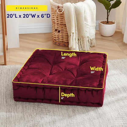 Floor Pillow Large Square Tufted Decorative Cushion 20" x 20" Faux Velvet Fabric Ultra Thick Fill for Kids and Adults, 2 Pack, Burgundy Red