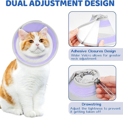 Breathable Air Mesh Cat Cone Collar Soft to Stop Licking, Adjustable, Foldable Lightweight Kitten Cones After Surgery Recovery for Cats & Kittens (Light Purple,L)