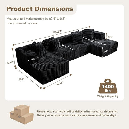 106'' Boneless Couches for Living Room, L Shaped Modular Sectional Sofa with Chaise Lounge, Faux Rabbit Fur & Layered Cushion Deep Seat Cloud Couch, No Assembly (Black, 130 U Shaped)