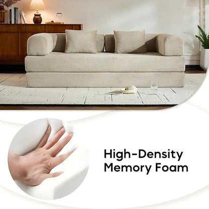 Corduroy Floor Sofa Bed, Convertible Folding Couch Bed with Fixed-Shape Frame and Armrest for Living Room Bedroom Lounge Studio-Beige