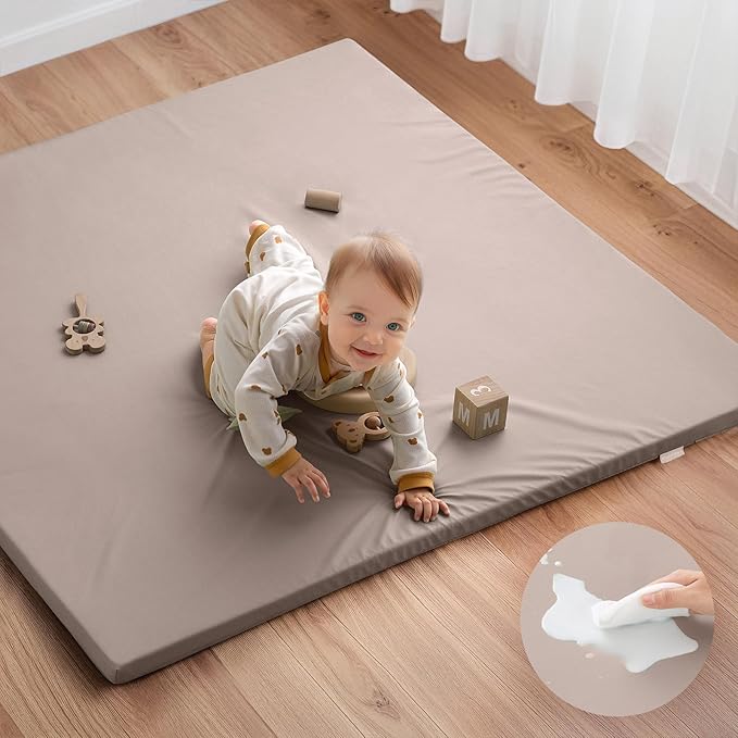 Blissful Diary Vegan Leather Baby Play Mat, 47x47 Thicken Foam Cushioned & Waterproof Playpen Mat for Infants and Toddlers, Stylish and Just Wipe-Clean Playmat for Baby Play on Floor, Taupe