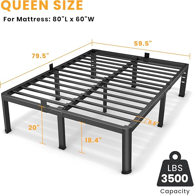 20 Inch Queen Size Metal Platform Bed Frame with Round Corners, Storage Space Under High Bed Frame-Heavy Duty Steel Slats Support, Noise Free - Easy Assembly - No Box Spring Needed