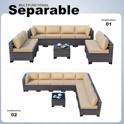 Kullavik 9 Pieces Outdoor Patio Furniture Set,Outdoor Sectional Rattan Sofa Set Brown PE Rattan Wicker Patio Conversation Set with Tempered Glass Coffee Table and Washable Cushions Covers,Sand