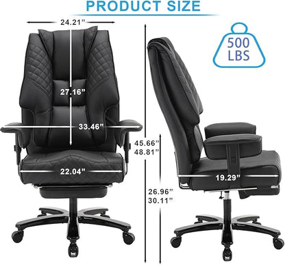 500lb Big and Tall Office Chair, Reclining Office Chairs with Footrest, High Back Leather Executive Computer Chair with Wheels Recliner Home Desk Chairs with Lumbar Support for Heavy People,Black