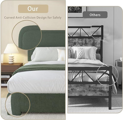 BarnFurin Queen Bed Frame with Headboard, Boucle Upholstered Platform Bed with Wood Slats, Soft Rounded Corners, No Box Spring Required, Easy Assembly, Green