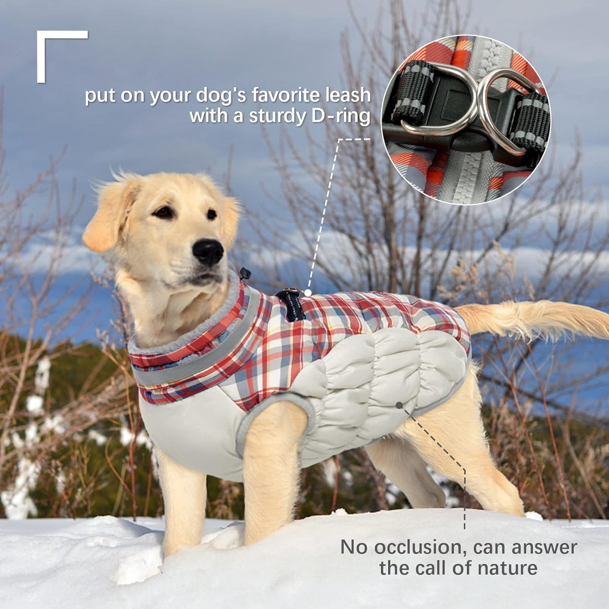 FUAMEY Dog Coat for Large Dogs,Waterproof Dog Winter Jacket with Harness Built in Puppy Cold Weather Coats Reflective Pet Vest with Zipper Warm Fleece Dogs Snowsuit Windproof Red Plaid L