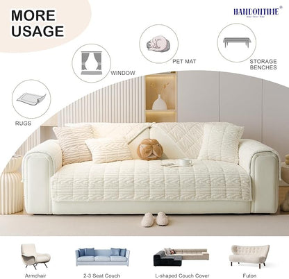 HANDONTIME Jacquard Couch Cushion Cover for Dogs, Beige, 35.4" x 70.9" | Washable, Fuzzy, Geometric Jacquard, Non-Slip, Pet-Friendly