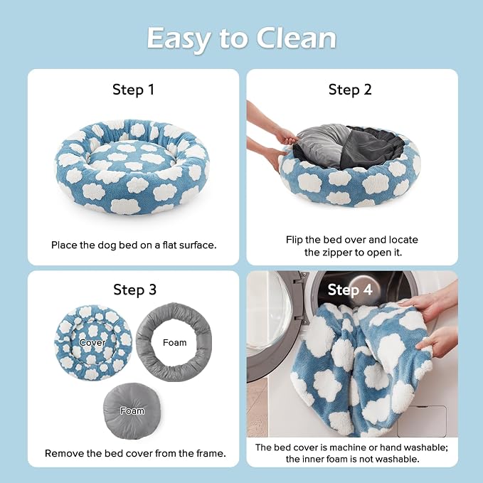 JOEJOY Jacquard Donut Round Small Dog Beds,Blue 27x27x8in, Removable Washable Cover, Cute Pattern, Ultra Soft Fluffy Calming Pet Bed with Thick Supportive Bolster