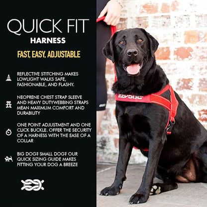EzyDog Quick Fit Dog Harness, Soft Neoprene Padding - Large, Black | Fast One-Click Buckle, Adjustable Fit, Strong Reinforced Materials, Reflective Stitching, No Pull Dog Harness, Easy Walking