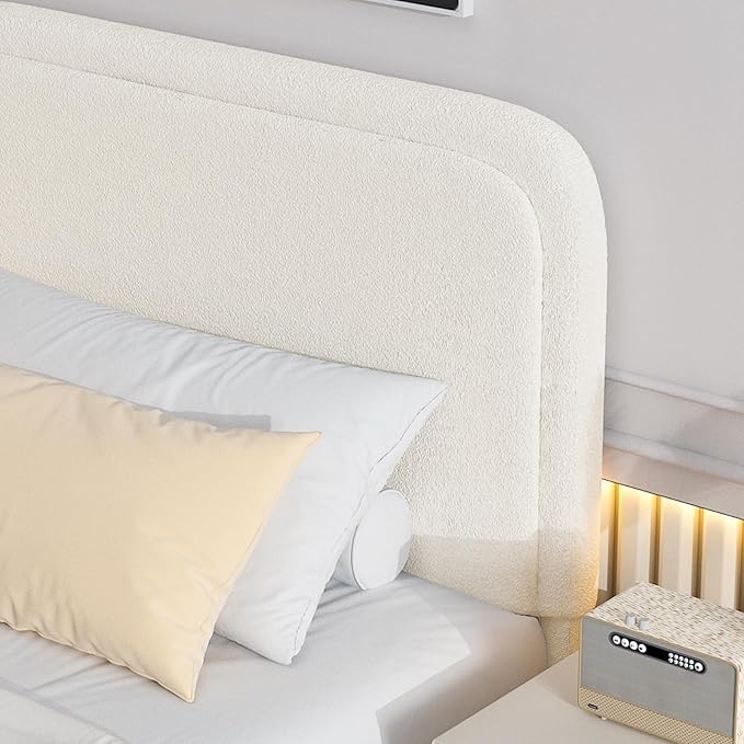 BarnFurin Boucle Upholstered California King Bed Frame/Soft Rounded Corners Headboard/Low Profile Bed Frame/No Box Spring Needed/Cream