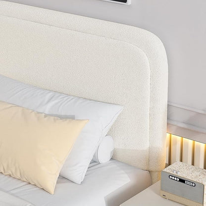 BarnFurin Boucle Upholstered California King Bed Frame/Soft Rounded Corners Headboard/Low Profile Bed Frame/No Box Spring Needed/Cream