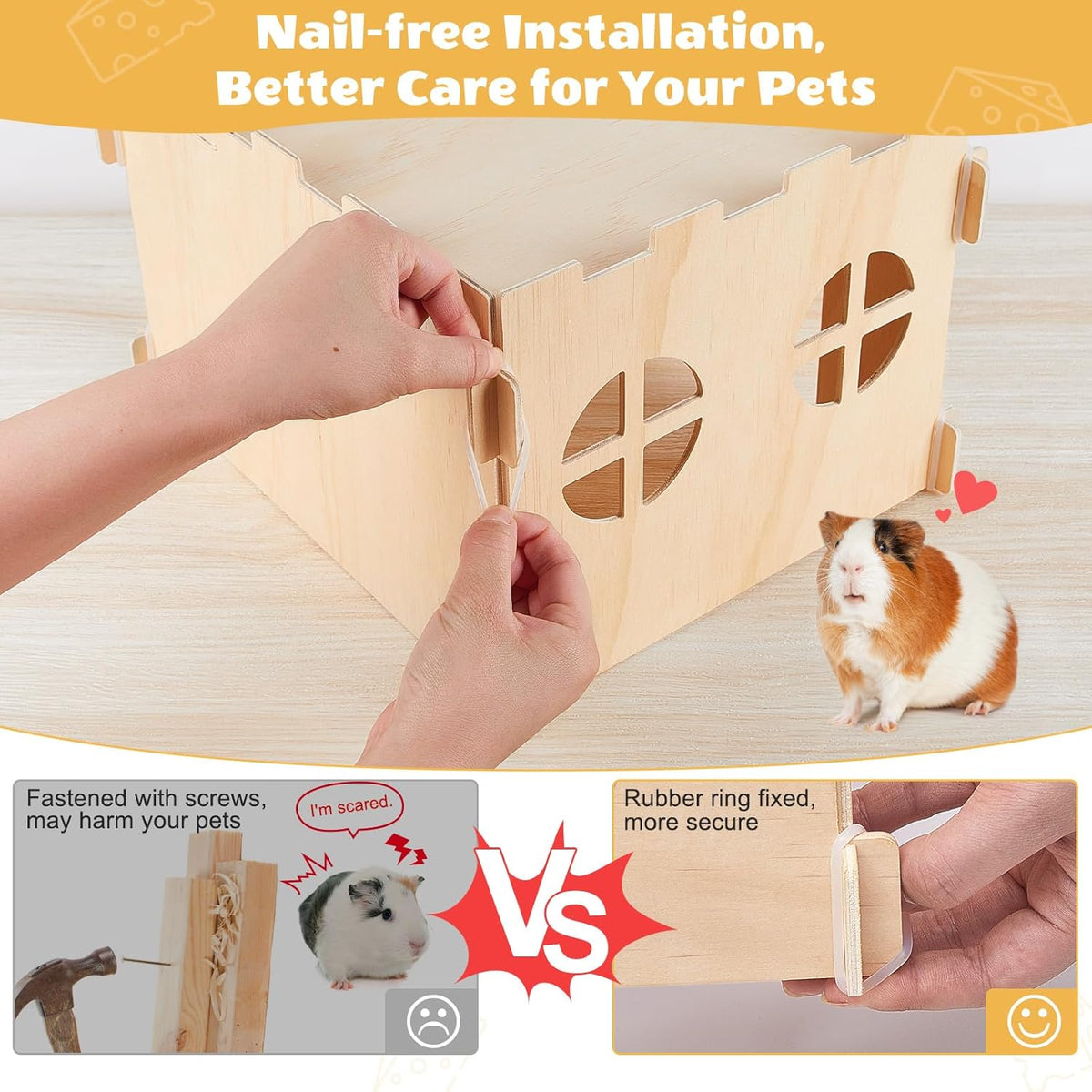Guinea Pig Hideout, Guinea Pigs House with Stairs and Mats Extra Large Guinea Piggy Castle Detachable Hideouts for Small Animals Wooden Guinea Pig Habitats with Multiple Doors and Windows