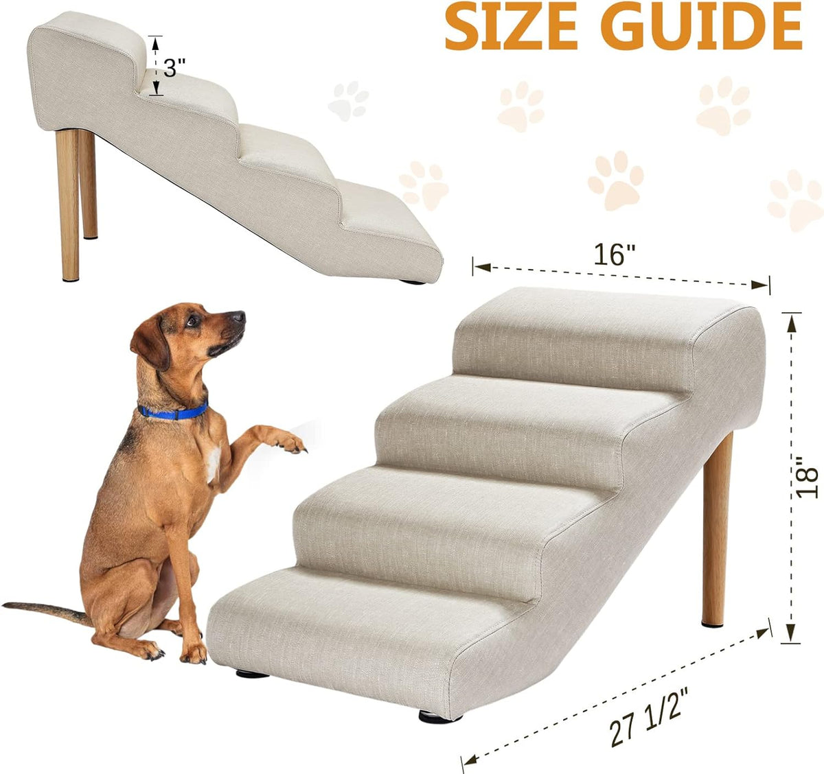 Senneny Imitation Linen Faux Leather Dog Stairs, for Pets up to 150 lbs, Waterproof, Scratch Resistant Pet Steps/Stairs with High Density Foam and Detachable Wooden Legs, Light Beige Linen, 4 Step
