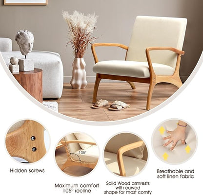 ELUCHANG Accent Chair with Lumbar Pillow,Mid-Century Modern Armchair, Linen Fabric Comfy Reading, Lounge Side Chair for Living Room Bedroom Apartment,Easy Assembly(Beige)